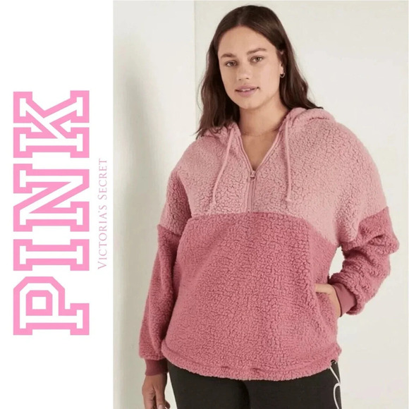 PINK Victoria's Secret Tops - PINK Victoria’s Secret Varsity Sherpa Hoodie Size Large 1/4 Zip Pullover Pockets